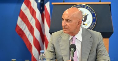U.S. Ambassador to Türkiye and Special Envoy for Syria Tom Barrack talks to reporters at a press conference in New York, U.S., July 11, 2025. (AA Photo)