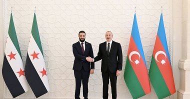 President Ilham Aliyev (R) hosts Syria’s new leader Ahmad al-Sharaa at the presidential complex in Baku, Azerbaijan, July 12, 2025. (AA Photo)
