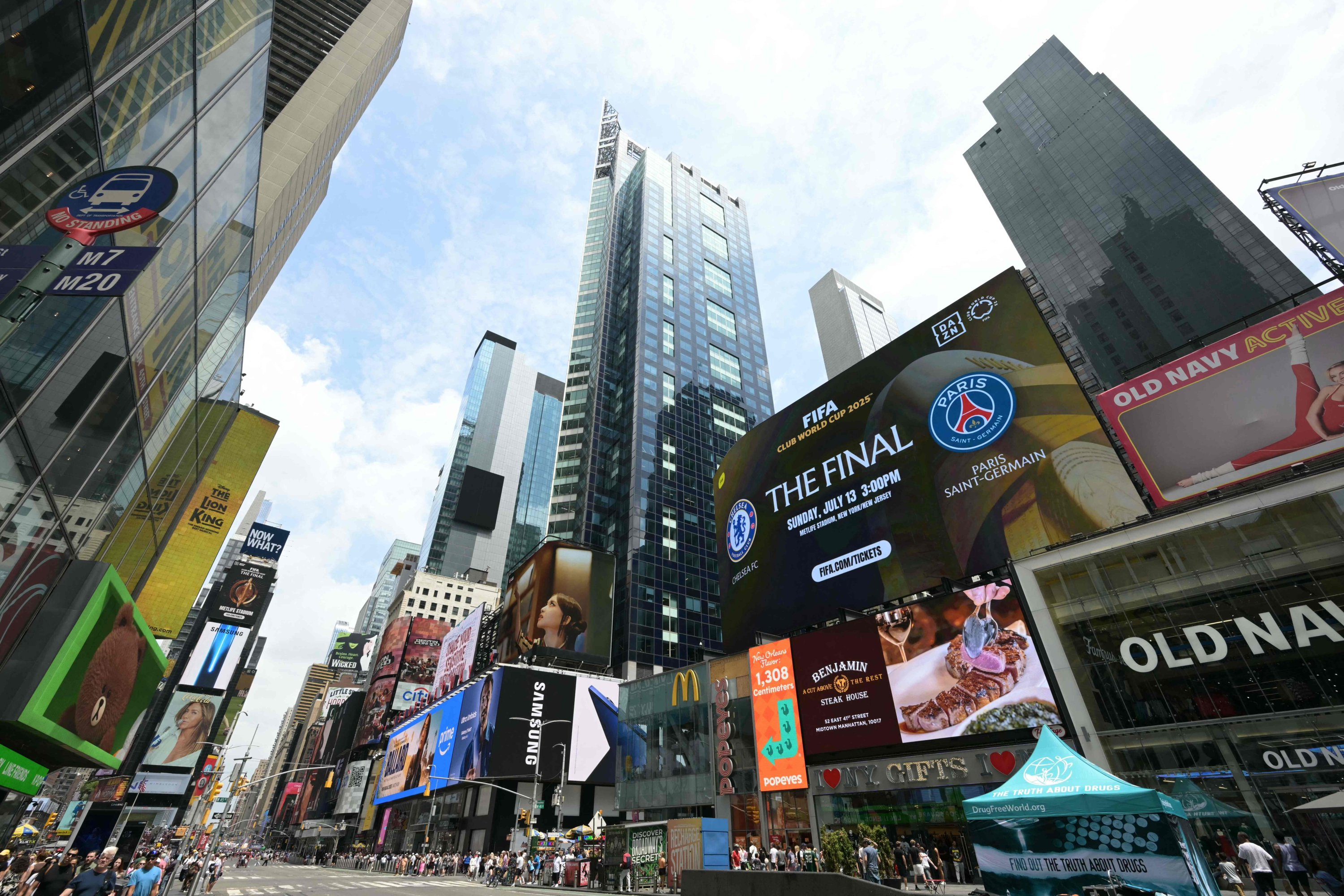 Advertising for the FIFA Club World Cup final match between France’s Paris Saint-Germain and England’s Chelsea is displayed on a screen at Times Square in New York, U.S., July 12, 2025. (AFP Photo)