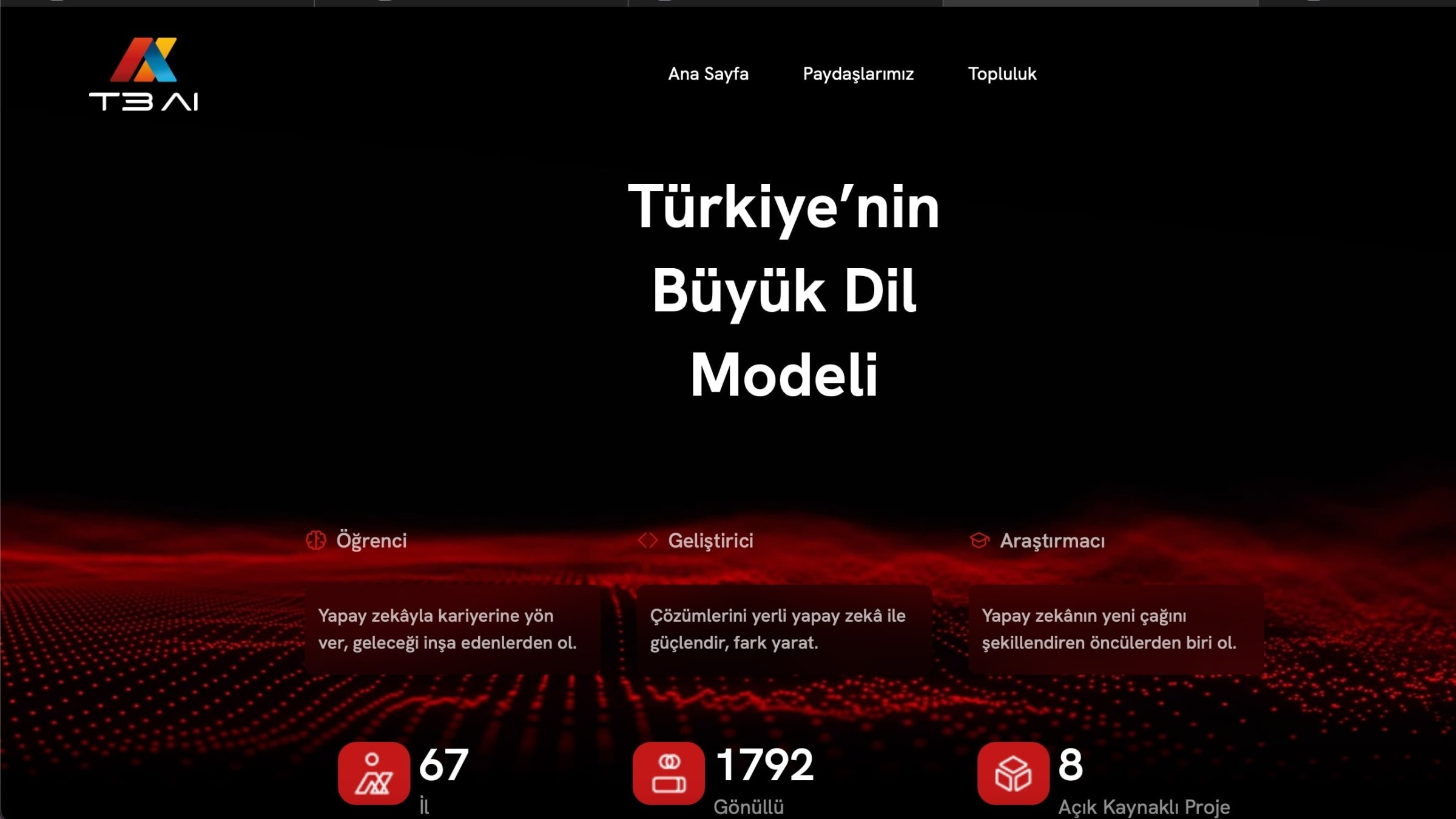 This screengrab shows the homepage of the T3AI website, July 13, 2025.