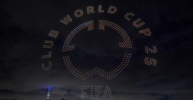 A FIFA Club World Cup logo visual is displayed against the Manhattan skyline by 1500 drones, in Liberty State Park, New Jersey, U.S., July 11, 2025. (AFP Photo)