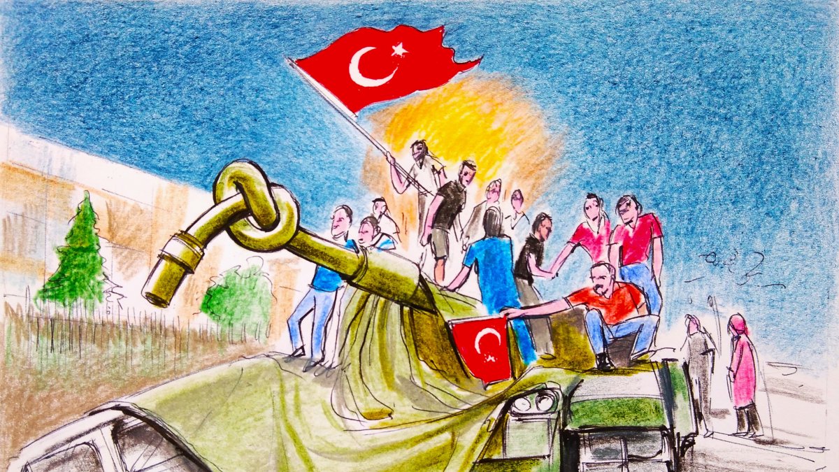 &quot;Together with their trusted leader, civilians stood up to planes and tanks, just as the Turkish National Anthem says, &#039;with their chests as shields, against this shameless attack.&#039;&quot; (Illustration by Erhan Yalvaç)