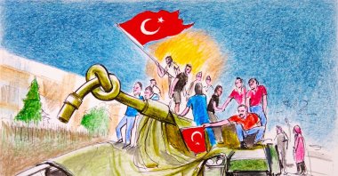 &quot;Together with their trusted leader, civilians stood up to planes and tanks, just as the Turkish National Anthem says, &#039;with their chests as shields, against this shameless attack.&#039;&quot; (Illustration by Erhan Yalvaç)
