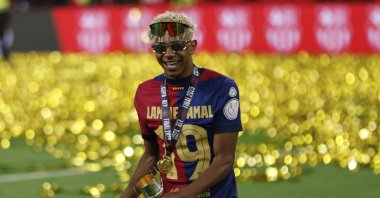 Barcelona&#039;s Lamine Yamal celebrates after winning the Spanish Copa del Rey final football match between Barcelona and Real Madrid at Estadio de La Cartuja stadium, Seville, Spain, April 27, 2025. (AP Photo)