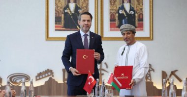 Energy and Natural Resources Minister Alparslan Bayraktar (L) and Omani Energy and Minerals Minister Salim bin Nasser bin Said Al Aufi, after signing the memorandum of understanding on energy cooperation, Muscat, Oman, July 14, 2025. (AA Photo)