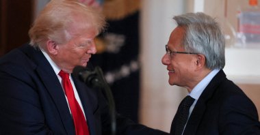 Nvidia CEO Jensen Huang and U.S. President Donald Trump shake hands at an &quot;Investing in America&quot; event, Washington, U.S., April 30, 2025. (Reuters Photo)