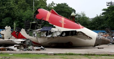 Wreckage of the Air India Boeing 787-8 Dreamliner plane sits on the open ground, outside Sardar Vallabhbhai Patel International Airport, where it took off and crashed nearby shortly afterward, Ahmedabad, India, July 12, 2025. (Reuters Photo)