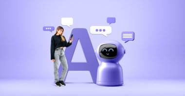 A woman with a smartphone and a robot assistant on a purple background. (Shutterstock Photo)