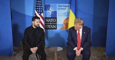 A handout photo made available by the Presidential Press Service of Ukraine shows Ukrainian President Volodymyr Zelenskyy and U.S. President Donald Trump attending a meeting on the sidelines of the NATO summit in The Hague, Netherlands, June 25, 2025. (EPA File Photo)