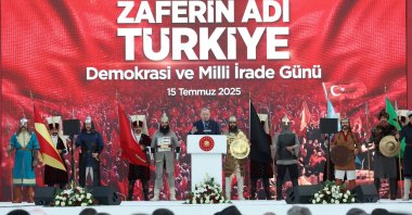 President Recep Tayyip Erdoğan is seen speaking at a commemoration ceremony at police headquarters in Ankara’s Gölbaşı district, Türkiye, July 15, 2025 (AA Photo)
