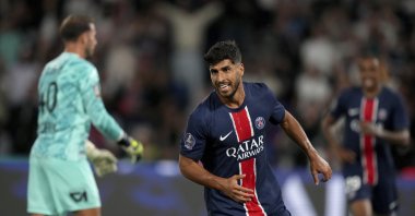 PSG&#039;s Marco Asensio reacts after scoring his side&#039;s second goal during the French League 1 match between Paris Saint-Germain and Montpellier at the Parc des Princes, Paris, France, Aug. 23, 2024. (AP Photo)