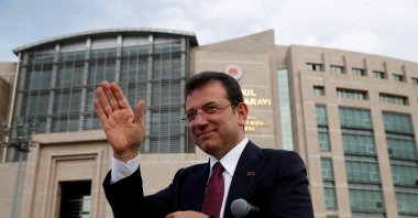 Former Istanbul Mayor Ekrem Imamoğlu greets his supporters after receiving the mayoral certificate in front of the Çağlayan Courthouse, Istanbul, Türkiye, April 3, 2024. (Reuters Photo)
