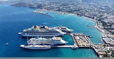 An aerial view of cruise ships docked in the popular tourism hub of Kuşadası, Aydın, southwestern Türkiye, July 1, 2025. (AA Photo)