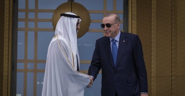 President Recep Tayyip Erdoğan welcomes United Arab Emirates (UAE) President Sheikh Mohammed bin Zayed Al Nahyan at the Presidential Complex, Ankara, Türkiye, July 16, 2025. (AA Photo)
