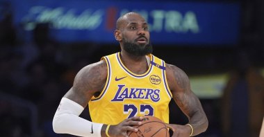 Los Angeles Lakers&#039; LeBron James appears during the first half of an NBA basketball game against the Utah Jazz, Los Angeles, U.S., Feb. 10, 2025. (AP Photo)