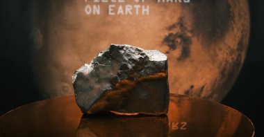 The 54-pound Martian meteorite NWA 16788, the largest known piece of Mars ever discovered on Earth, is displayed during a Sotheby’s auction preview, New York, U.S., July 15, 2025. (AFP Photo)