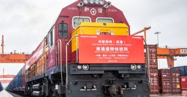 A train departing from China under a deal signed between Turkish firm Pasifik Eurasia and China’s State Railway is seen in this photo provided by the company on July 17, 2025. (Paifik Eurasia/AA Photo)