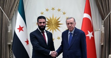 President Recep Tayyip Erdoğan and Syria's interim leader Ahmed al-Sharaa shake hands at the Presidential Complex in Ankara, Feb. 5, 2025. (Handout)