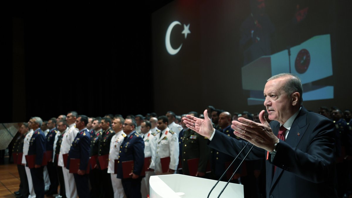 President Recep Tayyip Erdoğan delivers a speech at the graduation ceremony for the 14th Joint Command and Staff Training Program and the 7th Command and Staff Training Program of the Service War Colleges at the National Defense University’s Yeni Levent Campus in Istanbul, July 18, 2025. (AA Photo)