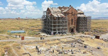 An aerial view shows the Ani Ruins under restoration as the excavation team works at the historic site in Kars, eastern Türkiye, July 18, 2025. (AA Photo)