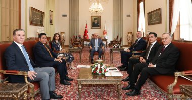 Parliament Speaker Numan Kurtulmuş (C) holds a meeting with representatives of political parties at his office at Parliament, Ankara, Türkiye, July 18, 2025. (AA Photo)