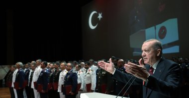 President Recep Tayyip Erdoğan delivers a speech at the graduation ceremony for the 14th Joint Command and Staff Training Program and the 7th Command and Staff Training Program of the Service War Colleges at the National Defense University’s Yeni Levent Campus in Istanbul, July 18, 2025. (AA Photo)