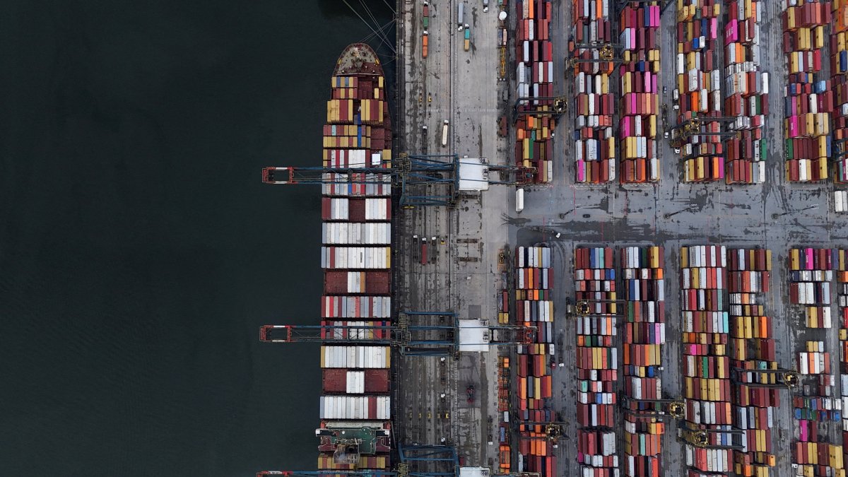 A drone view shows a ship and containers at the Port of Santos, Santos, Brazil, April 3, 2025. (Reuters Photo)