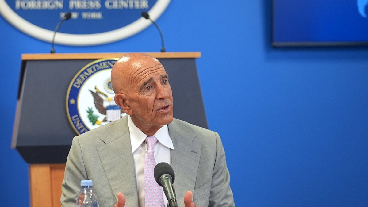 U.S. Ambassador Thomas J. Barrack speaks at a news conference, New York, U.S., July 11, 2025. (AA Photo)