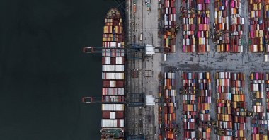 A drone view shows a ship and containers at the Port of Santos, Santos, Brazil, April 3, 2025. (Reuters Photo)