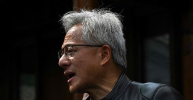 Nvidia CEO Jensen Huang speaks to journalists as he arrives for a press conference at a hotel, Beijing, China, July 16, 2025. (AFP Photo)