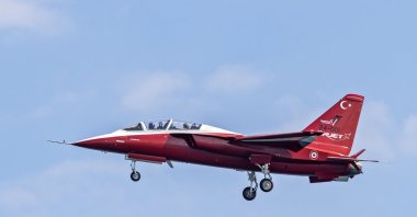 Türkiye&#039;s first national jet training and light attack aircraft, Hürjet, is seen airborne in this photo from July 19, 2025. (AA Photo)
