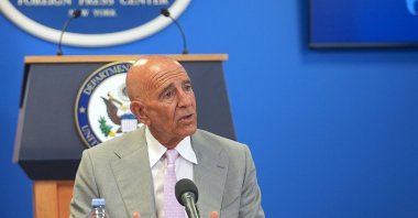 U.S. Ambassador Thomas J. Barrack speaks at a news conference, New York, U.S., July 11, 2025. (AA Photo)