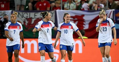England players celebrate after a goal during the UEFA Women&#039;s Euro 2025 Group D match against Wales at the Arena St.Gallen, St. Gallen, Switzerland, July 13, 2025. (AFP Photo)