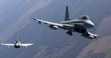 Italian Air Force Eurofighter Typhoon military fighter jets participating in NATO&#039;s Baltic Air Policing Mission operate in Lithuanian airspace, Sept. 12, 2023. (AP Photo)