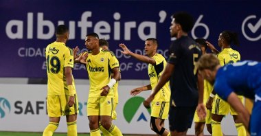 Fenerbahçe players celebrate during a pre-season friendly match aginst Uniao de Leiria at the Estadio Municipal de Albufeira, Albufeira, Portugal, July 20, 2025. (AA Photo)