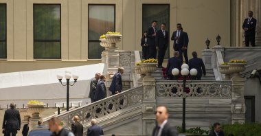Members of the Russian delegation arrive at the Çırağan Palace for Ukraine-Russia peace talks, Istanbul, Türkiye, June 2, 2025. (AP Photo)