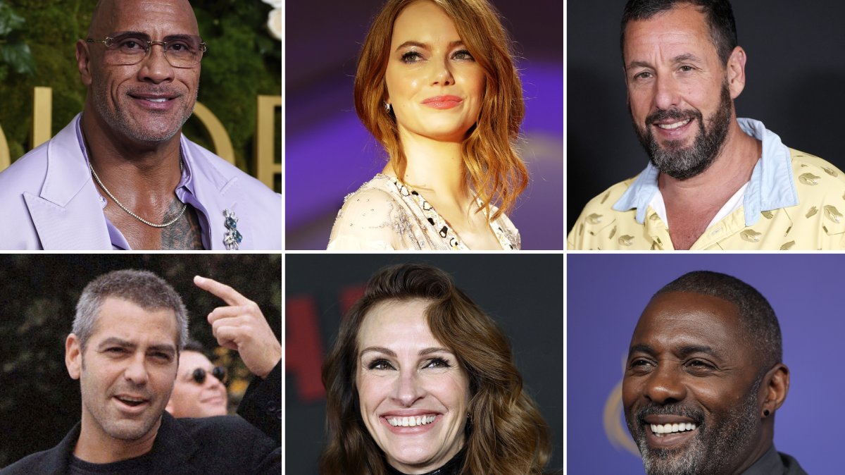 This photo combination shows, from top left, Dwayne Johnson on Jan. 5, 2025, Emma Stone on Aug. 30 , 2018, and Adam Sandler on Aug. 20, 2024. From bottom left, George Clooney on Sept. 8, 1998, Julia Roberts on Dec. 4, 2023 and Idris Elba on Sept. 15, 2024. (AP Photo)
