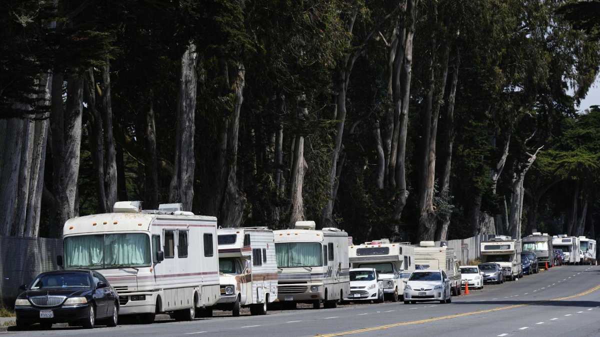 Parked RVs are seen on Lake Merced Boulevard, San Francisco, U.K., July 15, 2025. (AP Photo)