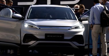 Visitors check the China-made BYD Atto 3 at the IAA motor show in Munich, Germany, Sept. 8, 2023. (AP Photo)