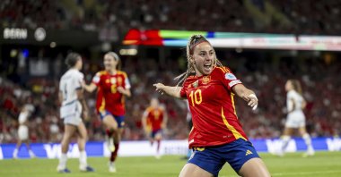 Spain&#039;s Athenea Del Castillo celebrates scoring during the Women&#039;s Euro 2025 quarterfinal soccer match between Switzerland and Spain, in Bern, Switzerland, July 18, 2025. (AP Photo)