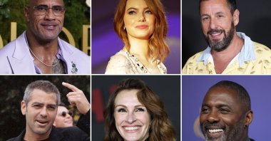 This photo combination shows, from top left, Dwayne Johnson on Jan. 5, 2025, Emma Stone on Aug. 30 , 2018, and Adam Sandler on Aug. 20, 2024. From bottom left, George Clooney on Sept. 8, 1998, Julia Roberts on Dec. 4, 2023 and Idris Elba on Sept. 15, 2024. (AP Photo)