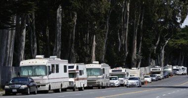 Parked RVs are seen on Lake Merced Boulevard, San Francisco, U.K., July 15, 2025. (AP Photo)