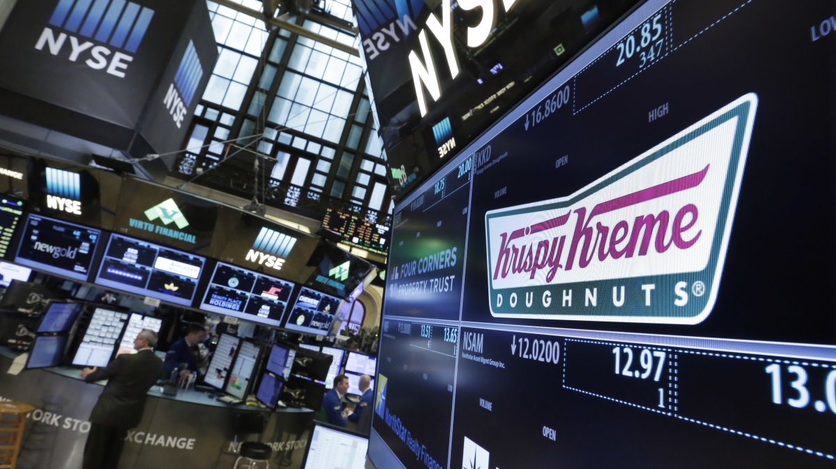 The Krispy Kreme logo appears above its trading post on the floor of the New York Stock Exchange, New York, U.S., May 9, 2016. (AP Photo)
