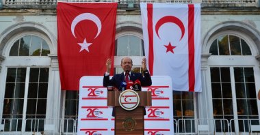 Turkish Republic of Northern Cyprus (TRNC) President Ersin Tatar is seen speaking during a reception in Beykoz, Istanbul, Türkiye, July 22, 2025 (AA Photo)