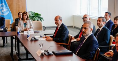 TRNC President Ersin Tatar (C-L) and Foreign Minister Hakan Fidan (C-R) attend the informal meeting on Cyprus, convened under the auspices of the U.N. secretary-general, New York, U.S., July 16, 2025. (Courtesy of Hüseyin Işıksal)