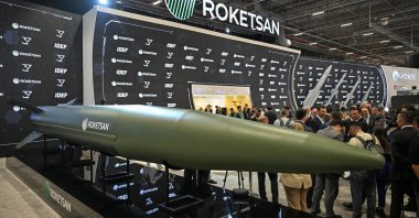 The Tayfun Block-4 hypersonic ballistic missile, developed by a Turkish defense company, is displayed at the IDEF 2025 international defense fair, Istanbul, Türkiye, July 22, 2025. (AA Photo)