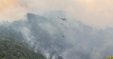 A firefighting helicopter conducts aerial water drops over a forest fire area to support containment efforts, Sakarya, Türkiye, July 23, 2025. (AA Photo)