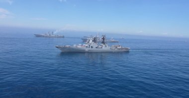 An aerial view shows Russian warships during major naval drills at an unknown location, July 23, 2025. (Reuters Photo)