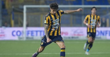 Romano Floriani Mussolini of SS Juve Stabia during the Serie B Play-off match between SS Juve Stabia and Palermo FC at Stadio Romeo Menti, Castellammare Di Stabia, Italy, May 17, 2025. (AP Photo)