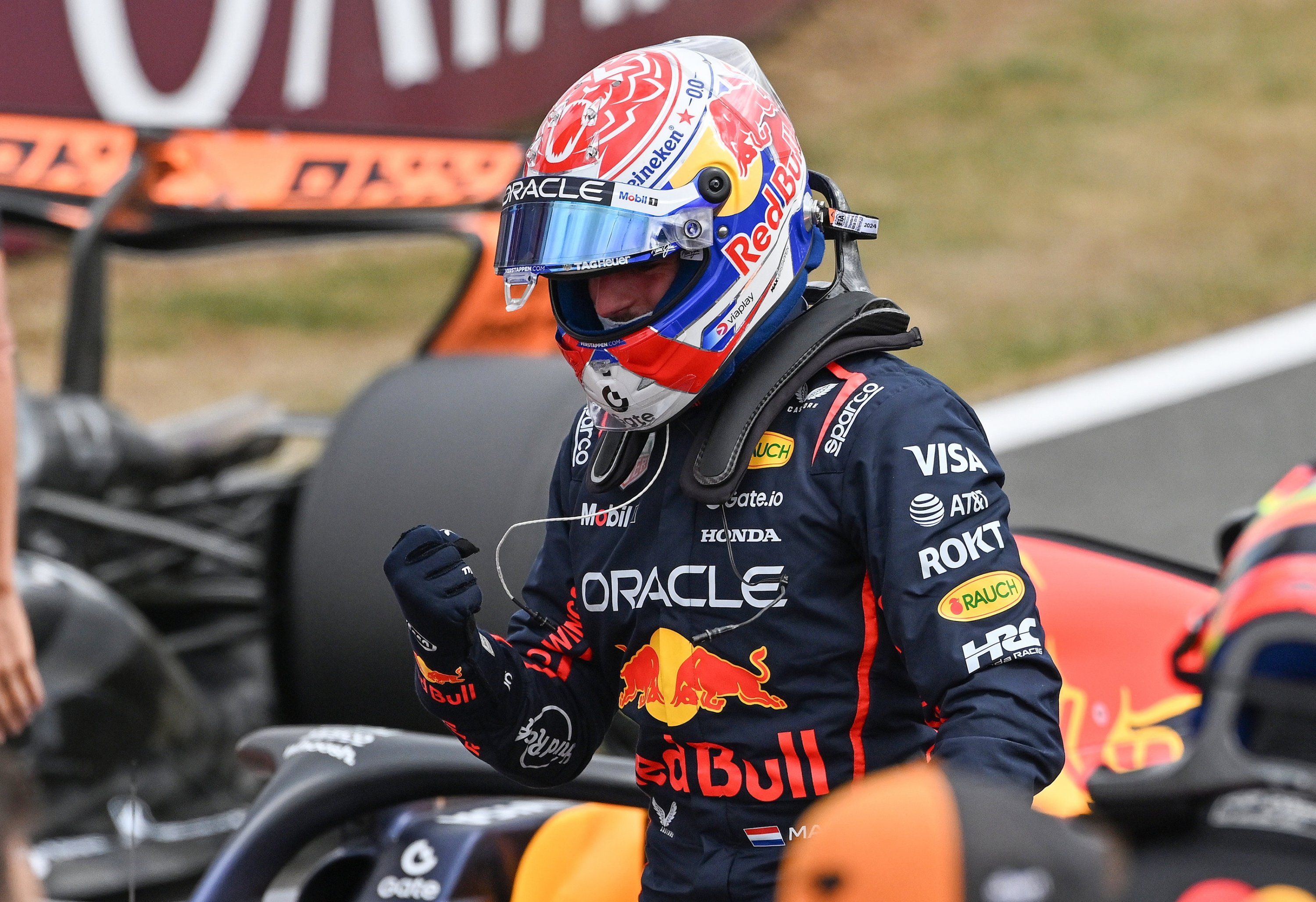 Red Bull Racing driver Max Verstappen punches the air after claiming Pole position in the Qualifying for the Formula One British Grand Prix, Silverstone, U.K., July 5, 2025. (EPA Photo).